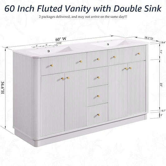 T4TREAM 60 Inch Bathroom Vanity with Sink, Modern Fluted Large Double Sink Bathroom Vanity with 2 Storage Cabinets, Adjustable Shelf, and 3 Small Drawers, Solid White