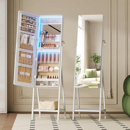 LVSOMT Jewelry Armoire Cabinet Standing, Full Length Mirror with Storage | Space-saving Mirror with Jewelry Storage, Built-in LED Makeup Mirror, Jewelry Organizer Cabinet for Women, White