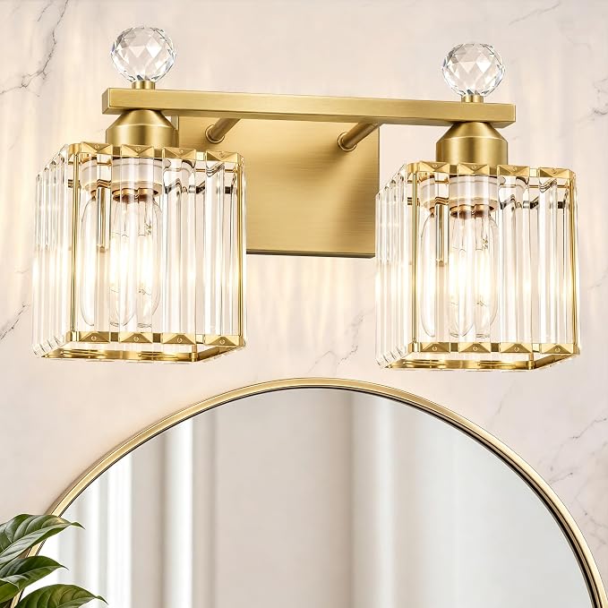 Lxybcce Modern 14In 2-Lights Bathroom Vanity Light, Crystal Bathroom Light Fixtures, Gold Vanity Light Fixtures Over Mirror, Easy Installation & Shadow-Free Illumination for Bathroom Mirror Decor