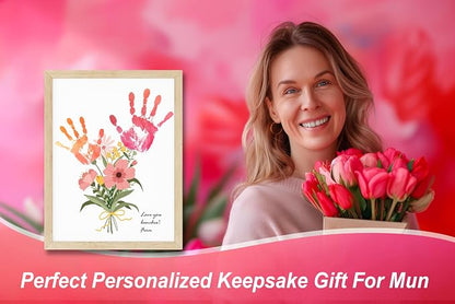 TwoDays Flower Bouquet Handprint Art Craft DIY Kit, Unique Gifts for Mom From Daughter or Son for Mother's Day Birthday Christmas, Gift for Grandma.(12" X 16", With Wood Frame)