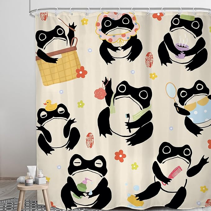 LGhtyro Funny Frog Shower Curtain Bathroom Set 71Wx84H Inches Extra Long Japanese Cute Fun Kids Washing Animal Asian Traditional Floral Bath Accessories Cartoon Art Home Decor Fabric 12 Pack Hooks