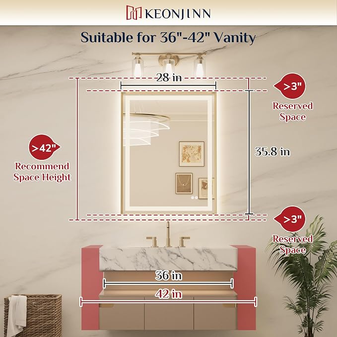 Keonjinn 28x36 Inch Nickel LED Bathroom Mirror with Lights, Beveled Edge | Frontlit & Backlit, Lighted Bathroom Mirror, HD Tempered Glass, 3 Color Temperatures, Anti-fog, Stepless Dimmable