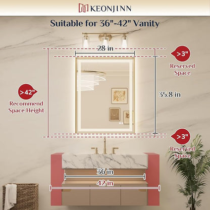 Keonjinn 28x36 Inch Nickel LED Bathroom Mirror with Lights, Beveled Edge | Frontlit & Backlit, Lighted Bathroom Mirror, HD Tempered Glass, 3 Color Temperatures, Anti-fog, Stepless Dimmable