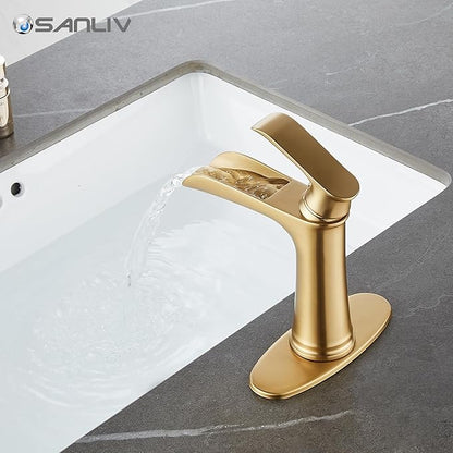 Brushed Gold Bathroom Sink Faucet, Sanliv Single Handle Waterfall Bathroom Faucet with Pop-Up Drain & Deck Plate for 1 or 3-Hole (4 inch) Modern Brass Vanity Faucets, Champagne Bronze