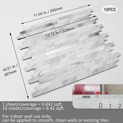 Peel and Stick Backsplash for Kitchen | Self-Adhesive Metal Silver White Marble Subway Tiles | Decorate Kitchen Laundry Fireplaces, 10PCS