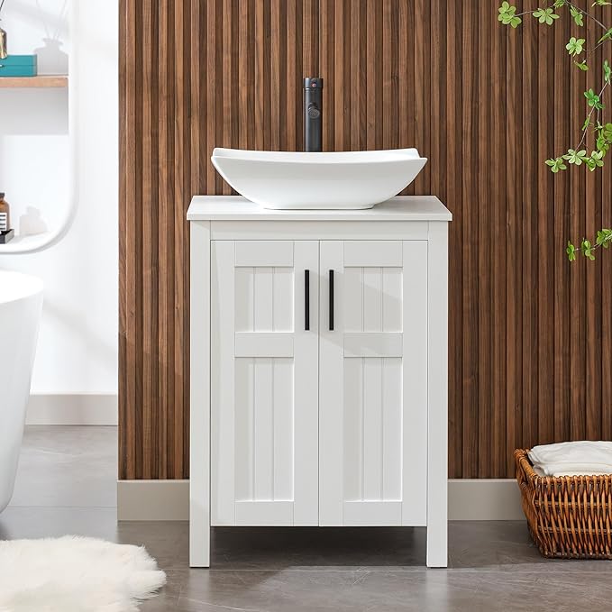 UEV 24" Bathroom Vanity with Sink Combo,Modern Freestanding Sink Cabinet,Stylish Bathroom Vanity Cabinet,Grooved Double Doors,Metal Handles (032WH New)