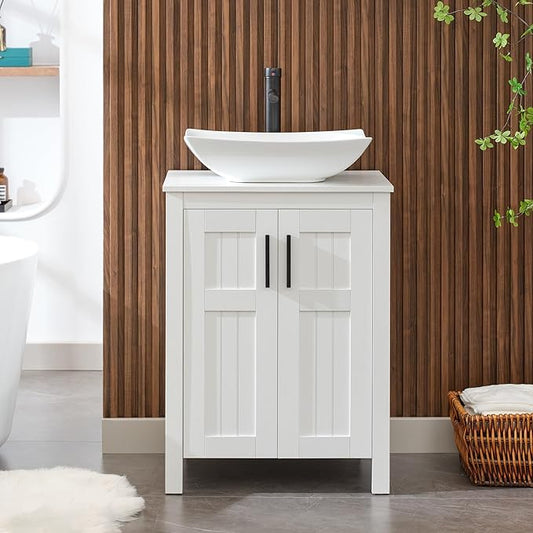 UEV 24" Bathroom Vanity with Sink Combo,Modern Freestanding Sink Cabinet,Stylish Bathroom Vanity Cabinet,Grooved Double Doors,Metal Handles (032WH New)