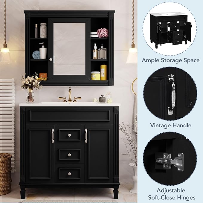 36" Bathroom Vanity with Top Sink, Mirror Cabinet, Modern Bathroom Storage Cabinet with 2 Soft Closing Doors and 2 Drawers, Single Sink Bathroom Vanity