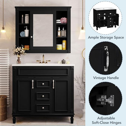 36" Bathroom Vanity with Top Sink, Mirror Cabinet, Modern Bathroom Storage Cabinet with 2 Soft Closing Doors and 2 Drawers, Single Sink Bathroom Vanity