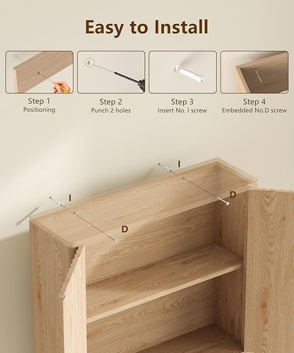 27.6" H Natural Bathroom Wall Cabinet with 2 Fluted Doors, Modern Medicine Cabinet with Adjustable Shelf, Curved Profile Wall Mounted Bathroom Cabinet for Kitchen, Living Room, Oak
