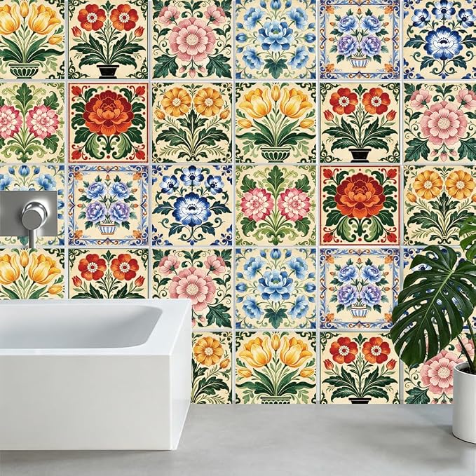 36Pcs 9 Styles Vintage Floral Peel and Stick Tile 4 x 4 Inch Colorful Tile Stickers Square Flower Pattern Waterproof PVC Decal for Kitchen Bathroom Backsplash Furniture Floor DIY Home Decor