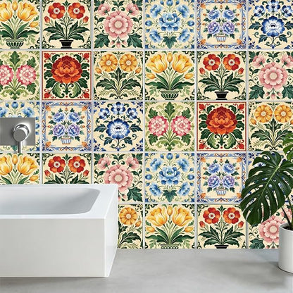 36Pcs 9 Styles Vintage Floral Peel and Stick Tile 4 x 4 Inch Colorful Tile Stickers Square Flower Pattern Waterproof PVC Decal for Kitchen Bathroom Backsplash Furniture Floor DIY Home Decor