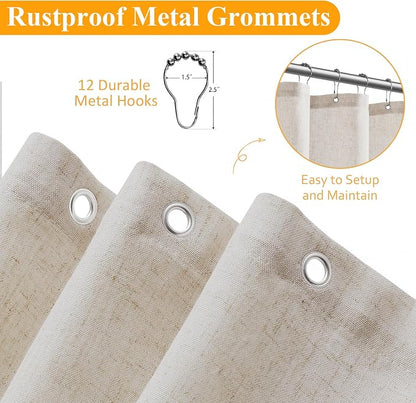 Linen Shower Curtain 78 Inch Long Shower Curtains Set with Hooks for Bathroom Boho Farmhouse Fabric Neutral Cloth Modern Cottage Core Waterproof,Mousse White