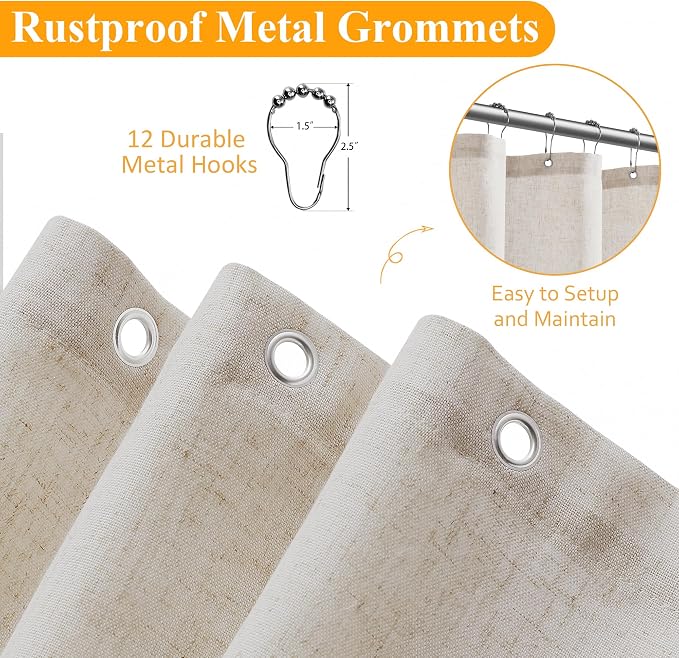Linen Shower Curtain 80 Inch Long for Bathroom Boho Farmhouse Fabric Shower Curtains Set with Hooks Neutral Cloth Modern Cottage Core Waterproof,Mousse White