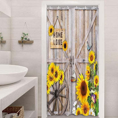 Rustic Spring Summer Sunflowers Butterfly Shower Curtain for Stall Cabin, Wooden Board Western Barn Door RV Bath Curtain, Fabric Vintage Daisy Floral Botanical Decor Curtain with Hooks 36X70IN