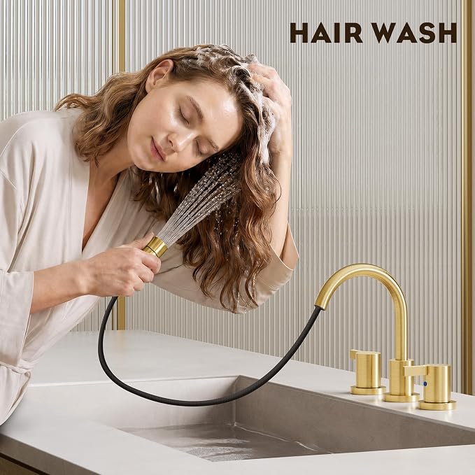 Pull Down Sprayer Brushed Gold 8 Inch Bathroom Sink Faucet, 2 Handles 3 Hole Widespread Pull Out Bathroom Faucet，with Pop Up Drain and Water Supply Line,BF04022-K01-BG