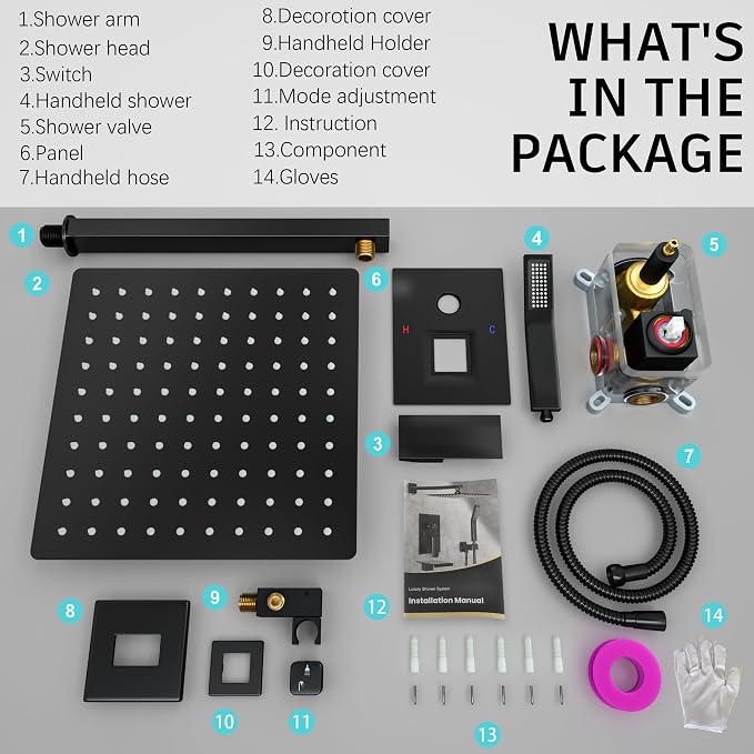 Matt Black Shower Faucet Set with Handheld, 10 inch | Air Injection High Pressure Bathroom Shower System, Solid Metal Wall Mount Anti-Scald Water Saving Rainfall Shower Set Combo
