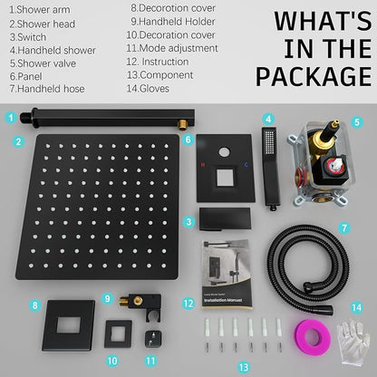 Matt Black Shower Faucet Set with Handheld, 10 inch | Air Injection High Pressure Bathroom Shower System, Solid Metal Wall Mount Anti-Scald Water Saving Rainfall Shower Set Combo