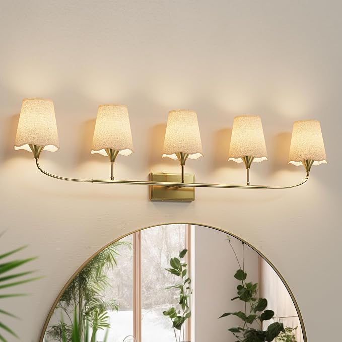 Morauroral Bathroom Light Fixtures Over Mirror, 5 Light Vanity Light for Bathroom, Gold Vanity Light Fixtures with Fabric Linen Shade, E26 Socket Sconce Wall Decor(ETL Listed)