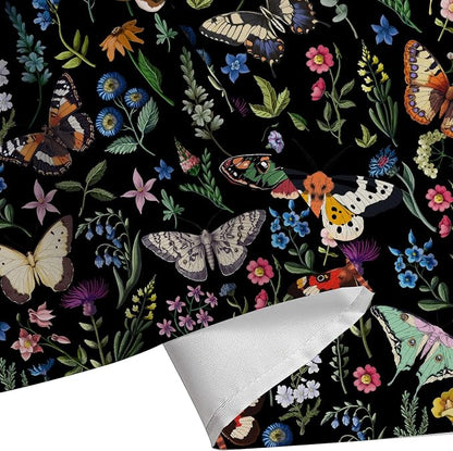Boho Butterfly Floral Shower Curtain, Bright Abstract Bohemian Plant Flower Botanical Moth Shower Curtains, Black Modern Aesthetic Chic Fabric Shower Curtain Bathroom Accessories 12 Pack Hooks, 72X72