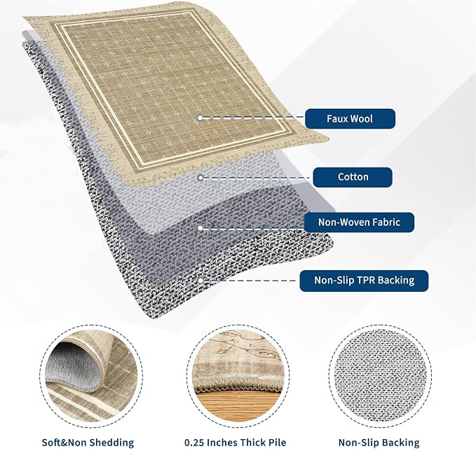 Garvee Scollaped Rugs for Living Room 5x7 Area Rugs for Bedroom Soft Camel | Non-Slip Low Pile Neutral Kids Rug Non-Shedding Bordered Nursery Carpet Foldable Thin Mat for Dining Room Kitchen Playroom