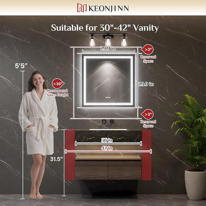 Keonjinn 30 x 30 Inch Lighted Mirrors for Bathroom Wall, Bluetooth Speaker | Frontlit & Backlit LED Mirror for Bathroom, HD Tempered Glass, 3000K/4500K/6000K, Dimmable, Fast & Safe Defogging, CRI90+