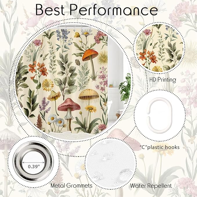Retro Mushroom Floral Shower Curtain for Bathroom, Boho Botanical Witchy Bathroom Curtains Set Farmhouse Wildflower Aesthetics Shower Curtain with Hooks, 72W X 78L Inches