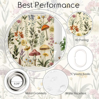 Retro Mushroom Floral Shower Curtain for Bathroom, Boho Botanical Witchy Bathroom Curtains Set Farmhouse Wildflower Aesthetics Shower Curtain with Hooks, 72W X 78L Inches