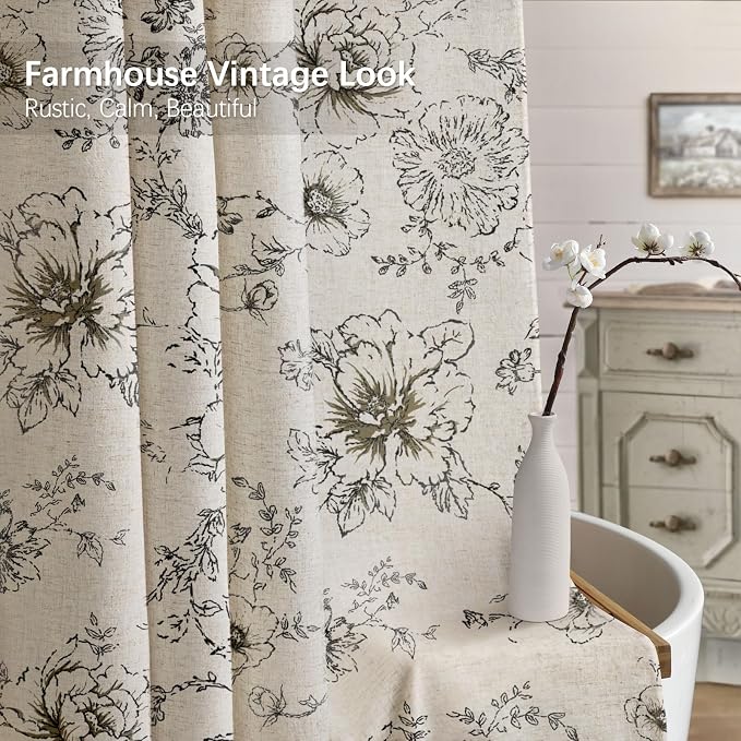 Farmhouse Floral Vintage Shower Curtain for Bathroom, Black and Tan Taupe | 60" W x 72" L, Elegant Boho Pattern Bath Curtain,Linen Fabric