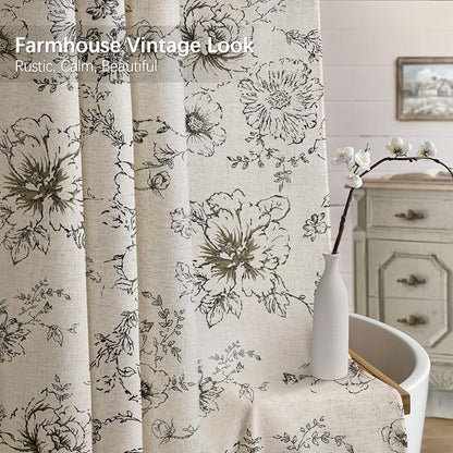 Farmhouse Floral Vintage Shower Curtain for Bathroom, Black and Tan Taupe | 72" W x 90" L, Elegant Boho Pattern Bath Curtain,Linen Fabric