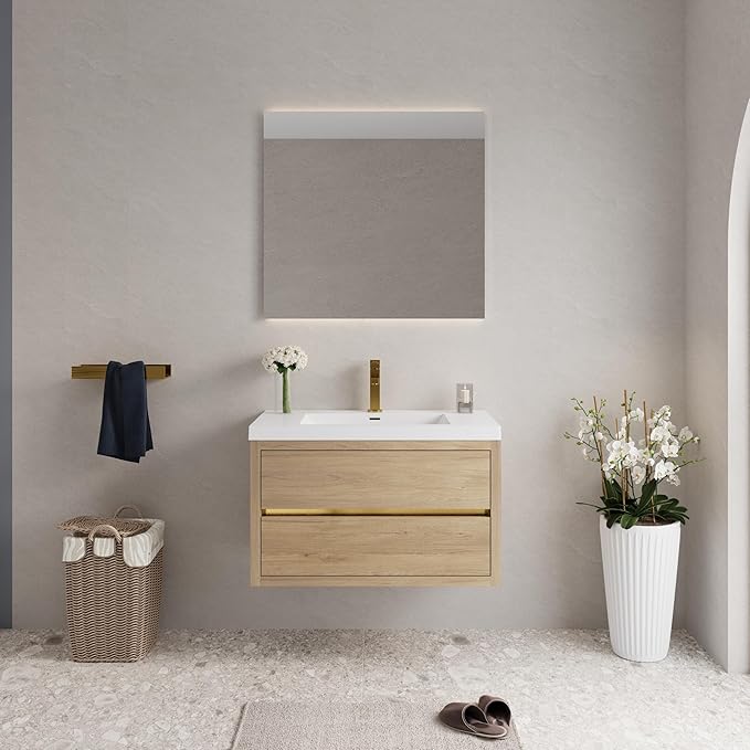 Abruzzo 36" Natural Oak Wall-Mounted Bathroom Vanity with Sink, Stone Resin Countertop & Soft-Close Drawers, Waterproof Wood Cabinet for Small Bathrooms