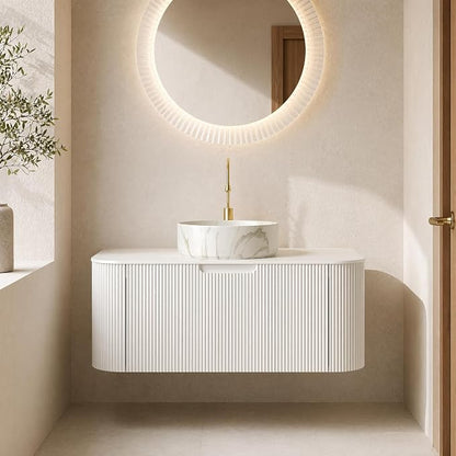 36 Inch Bathroom Vanity with Sink, Floating Wall Mounted Single Sink Vanity, White Curved Fluted Front, Stone Top, Marble-Look Round Vessel Basin, Pre-Assembled