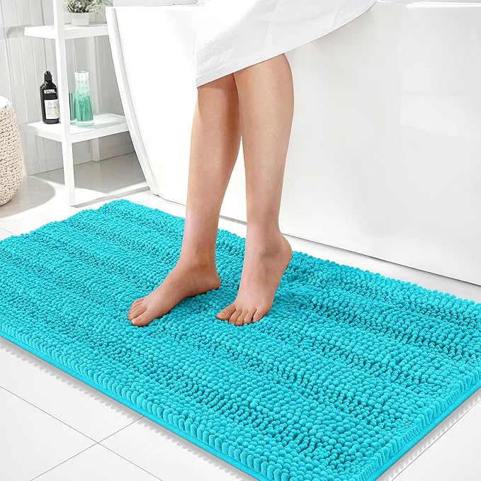 OLANLY Thick Bathroom Runner Rugs 44x24, Soft Chenille Bath Rugs, Aqua Sky | Absorbent Striped, Rubber Backing, Machine Wash, Long Bath Mats for Bathroom Floor, Tub and Shower, Home Decor Accessories