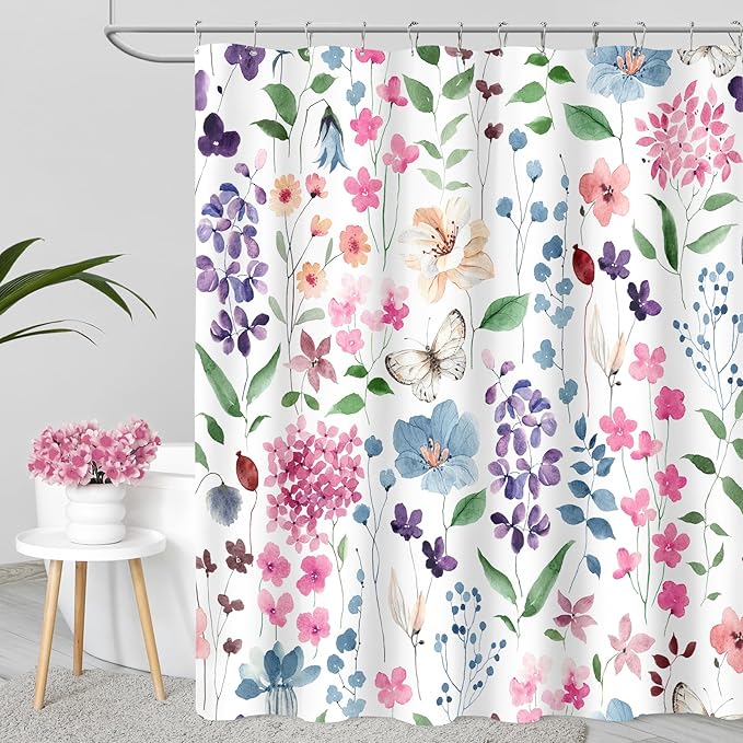 Colorful Floral Shower Curtain, Pink Green Blue Flower Fabric Shower Curtain for Bathroom, Cute Wildflower Butterfly Cloth Shower Curtain Set with Hooks, 72x72