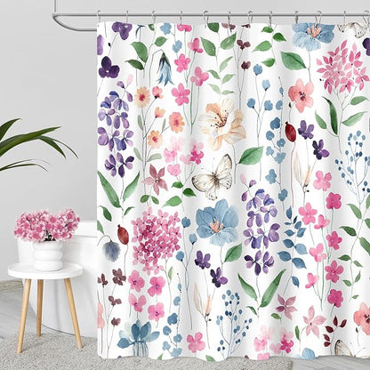 Colorful Floral Shower Curtain, Pink Green Blue Flower Fabric Shower Curtain for Bathroom, Cute Wildflower Butterfly Cloth Shower Curtain Set with Hooks, 72x72