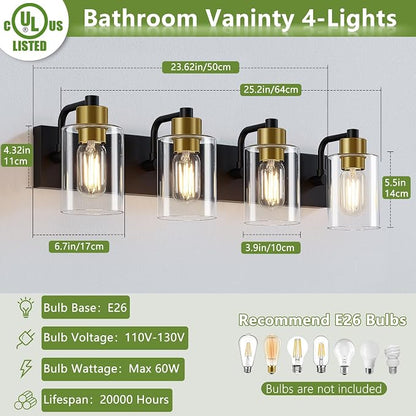 Dpyrrhic Bathroom Light Fixtures,Matte Black and Gold 4-Light Bathroom Lights with Clear Glass Shade,Modern Wall Sconces Over Mirror for Bathroom