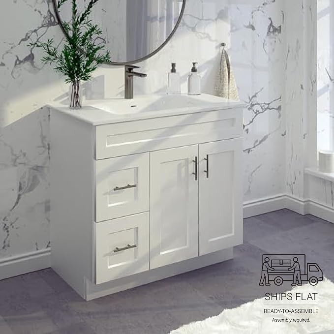 36" White Shaker Bathroom Vanity Base – Ready-to-Assemble Sink Cabinet with Drawers, Freestanding Bathroom Vanity Base Only, No Top or Sink