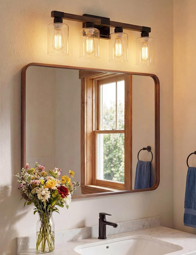 VOLISUN Farmhouse Bathroom Vanity Light Fixtures,4 Light,UL Certificated | 4 Light Bathroom Vanity Lights Over Mirror, Rustic Vanity Light for Bathrooms,Wood Bathrooms Lights Fixtures Over Mirror