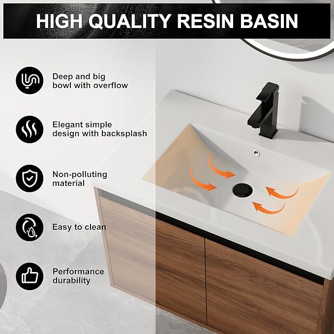 30 Inch Floating Vanity Bathroom,Bathroom Cabinet Vanity,Wooden Cabinet,Wall Mount Floating Vanity Set,Solid Wood Frame, Easy Clean,Brown