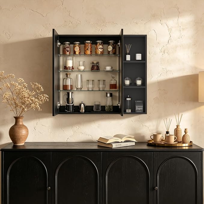 FKWin Double Door Medicine Cabinet Mirror, Wall Mount Bathroom Cabinet | Double Door Modern Surface Mount Medicine Cabinet, More Storage, Adjustable Shelves, Soft Close Hinges, Black, 33x29 Inch
