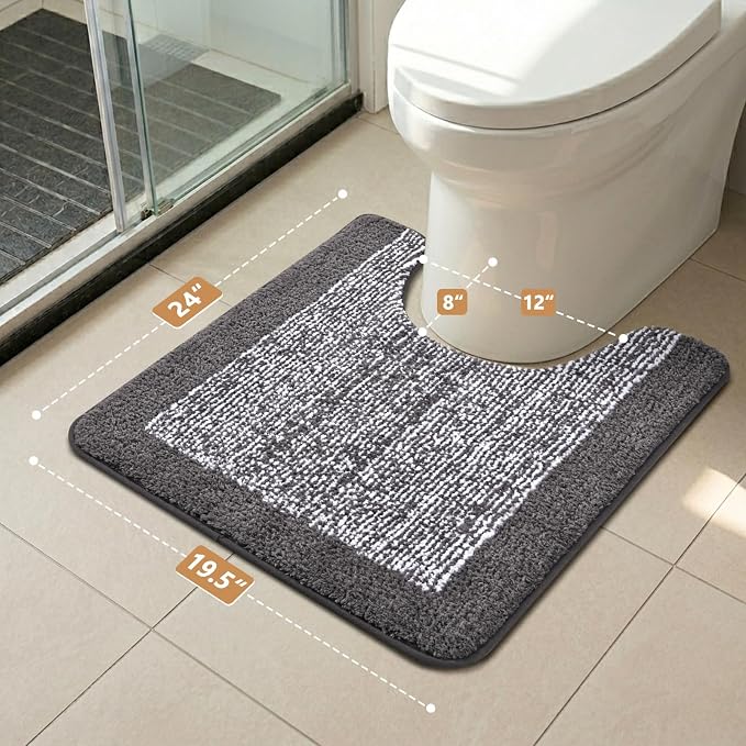 Toilet Rugs U-Shaped 24x19, Non-Slip Plush Shaggy Quick Dry Bathroom Contour Rugs, Extra Soft Absorbent Chenille Washable Bath Mat for Toilet Base, Grey