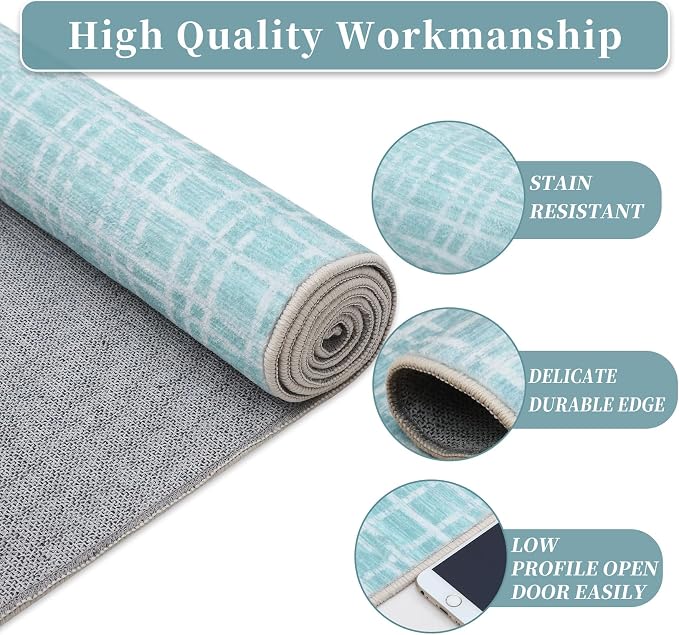 Washable Rug 9x12 Area Rug for Living Room Modern Bedroom Rug Grid Green Plaid Large Area Rug Non Slip Throw Rugs Soft Low Pile Stain Resistant Carpet for Dining Room 9'x12' Mint Green