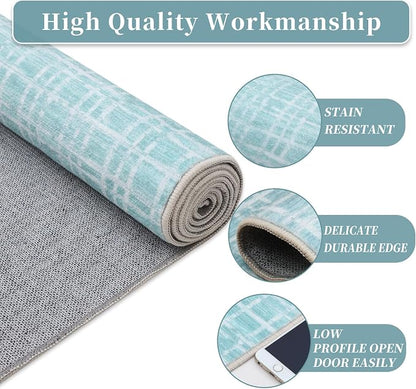 Washable Rug 9x12 Area Rug for Living Room Modern Bedroom Rug Grid Green Plaid Large Area Rug Non Slip Throw Rugs Soft Low Pile Stain Resistant Carpet for Dining Room 9'x12' Mint Green