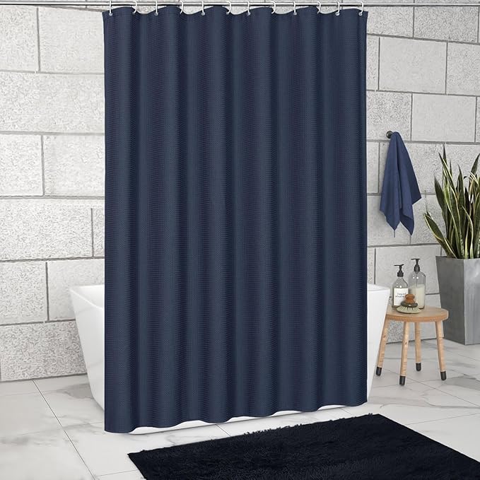 MitoVilla Navy Blue Modern Waffle Shower Curtain, Dark Blue Fabric Shower Curtains for Neutral Hotel Bathroom Decor, Heavy Waffle Weave Weighted Cloth Shower Curtain, 72 x 72