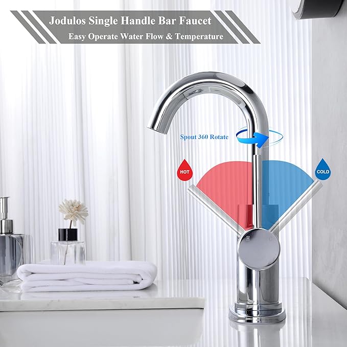 Chrome Bar Sink Faucet, Single Handle Single Hole Prep Sink Faucet, Lead-Free Stainless Steel with cUPC Certified Supply Lines, for Kitchen Bar RV Bathroom JU1100-CP