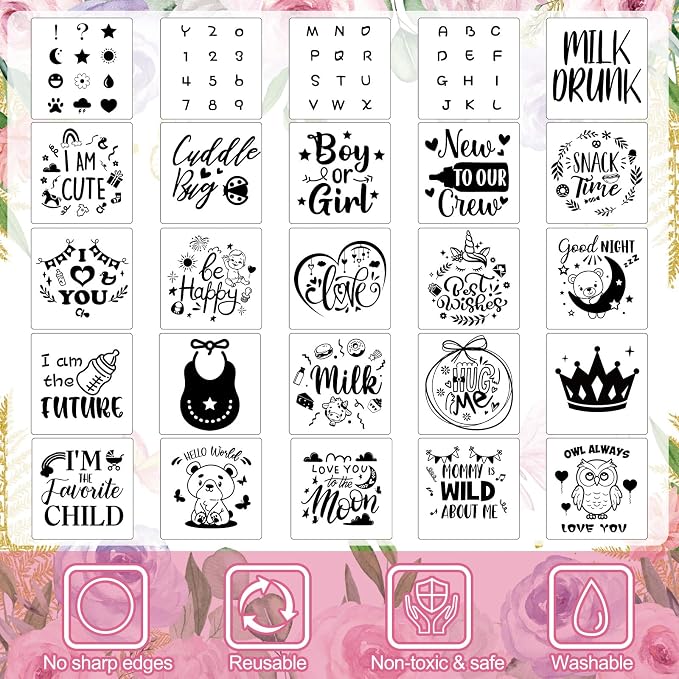 Panitay 126 Pcs Baby Shower DIY Bodysuit Set Bib 25 Blank White Newborn Bodysuit 25 Stencils 24 Marker 1 Sign 50 Pins(Butterfly)