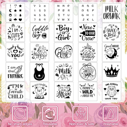 Panitay 126 Pcs Baby Shower DIY Bodysuit Set Bib 25 Blank White Newborn Bodysuit 25 Stencils 24 Marker 1 Sign 50 Pins(Butterfly)