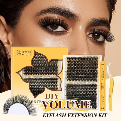 QUEWEL Lash Clusters Kit, 320Pcs 60D+80D Lash Cluster Eyelash Extensions | Mix 12-18mm 3D Eyelash Clusters with Lash Bond and Seal and Lash Tweezer Easily Create 3D Lashes Clusters at Home(60+80D Kit)
