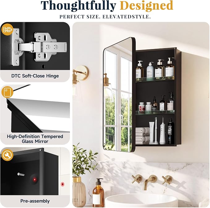 16x20 Medicine Cabinet with Mirror, Black Aluminum, Pre-Assembled | Bathroom mirror with storage, 3 adjustable acrylic shelves, Tempered Glass Mirror
