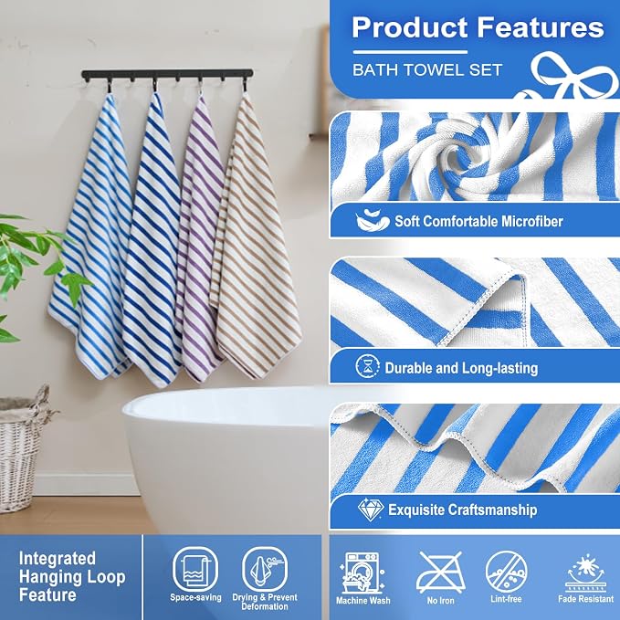 JML Microfiber Bath Towel Sets, 4 Pack, 27" x 55", Cabana Stripe Blue | Soft, Super Absorbent, Fast Drying Bath Towel Set for Swimming, Pool, Summer Beach Party
